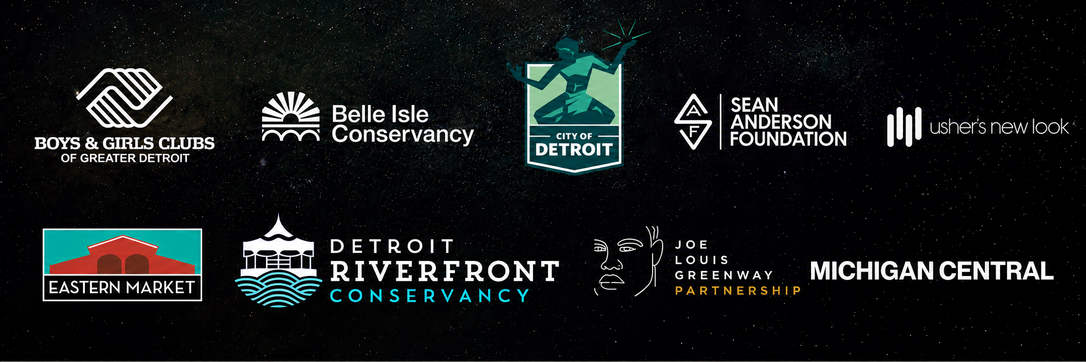 Partner logo lockup: Boys & Girls Clubs of Greater Detroit, Belle Isle Conservancy, City of Detroit, Sean Anderson Foundation, Usher's New Look, Eastern Market, Detroit Riverfront Conservancy, Joe Louis Greenway Partnership, and Michigan Central