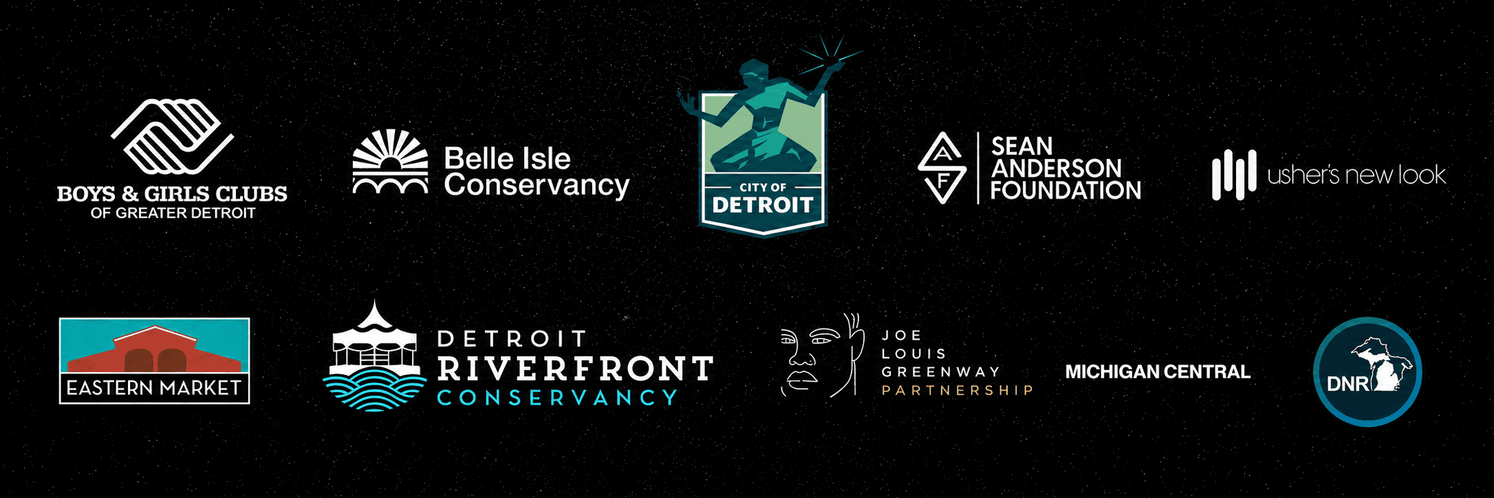 Partner logo lockup: Boys & Girls Clubs of Greater Detroit, Belle Isle Conservancy, City of Detroit, Sean Anderson Foundation, Usher's New Look, Eastern Market, Detroit Riverfront Conservancy, Joe Louis Greenway Partnership, and Michigan Central