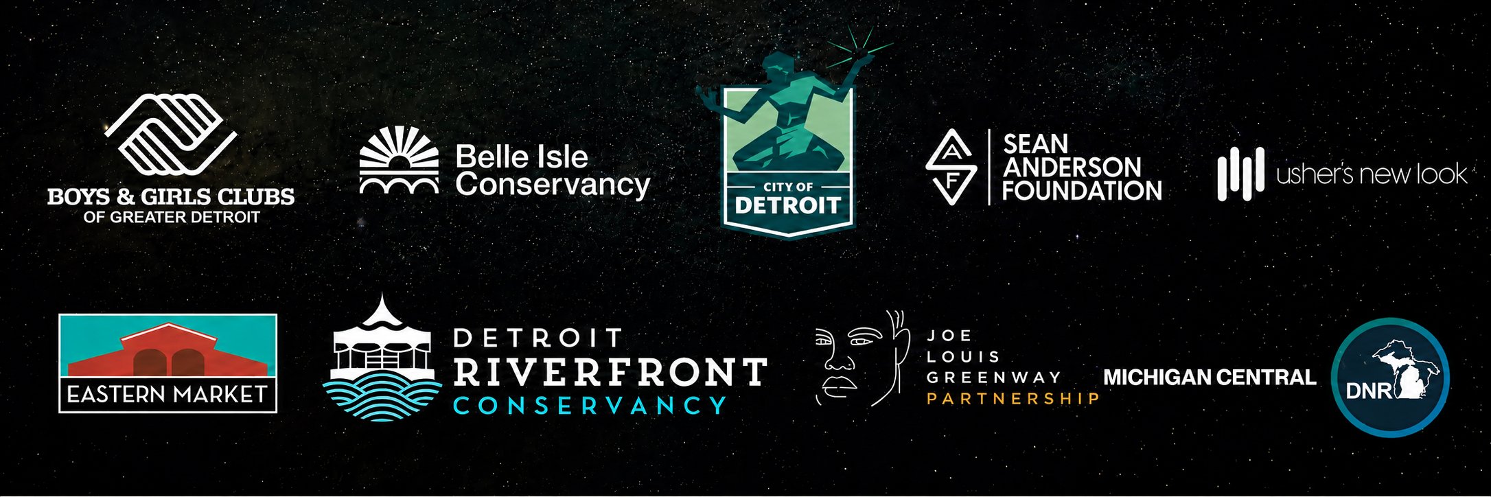 Partner logo lockup: Boys & Girls Clubs of Greater Detroit, Belle Isle Conservancy, City of Detroit, Sean Anderson Foundation, Usher's New Look, Eastern Market, Detroit Riverfront Conservancy, Joe Louis Greenway Partnership, and Michigan Central
